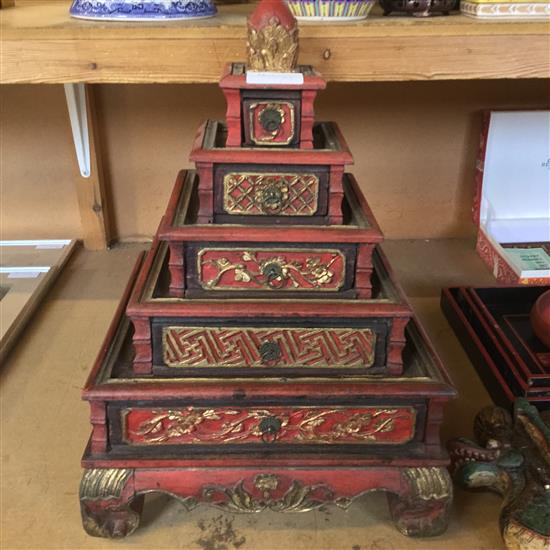 Open carved polychrome Indonesian dragon boat with 7 goddess figures, a pavilion cabinet, an abacus and 3 trays